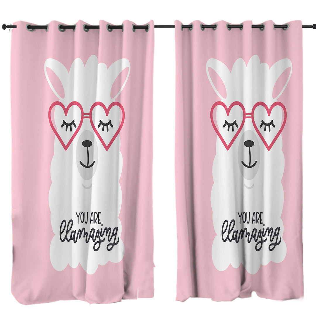Pink Background Cool Heart Glasses Llama Curtains for Living Room