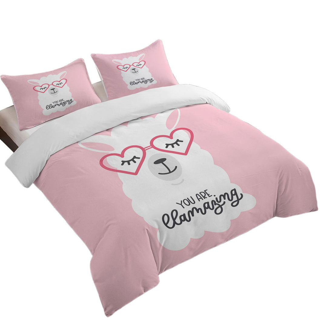 Pink Background Cool Heart Glasses Llama Duvet Cover sale
