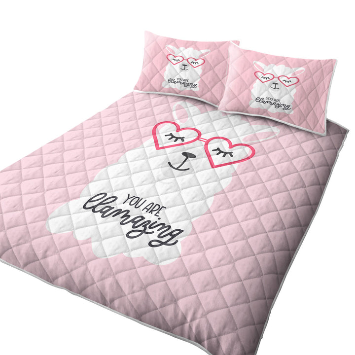 Pink Background Cool Heart Glasses Llama King Size Quilt Sets