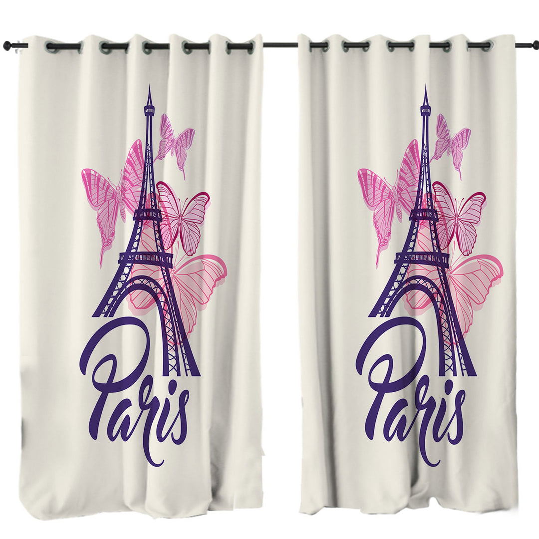 Pink Butterflies and Paris Eiffel Tower Curtain