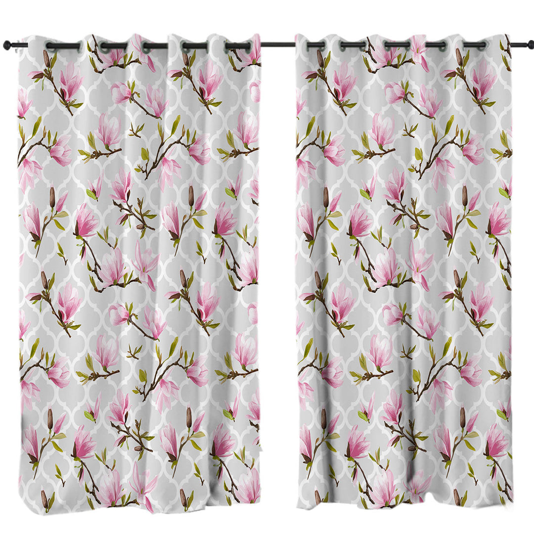 Pink Flowers Over Grey Moroccan Drapery