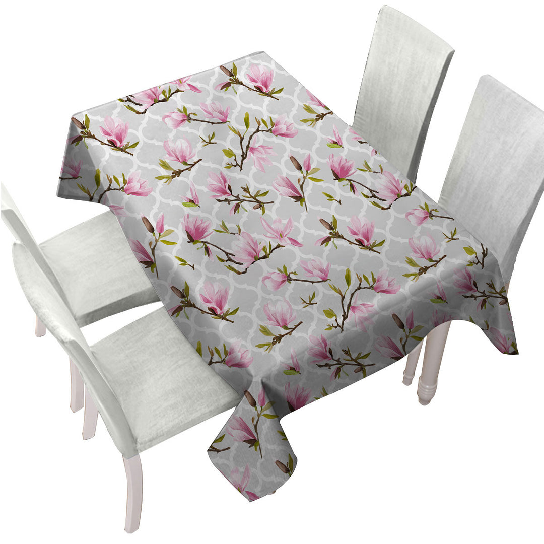Pink Flowers Over Grey Moroccan Tablecloths