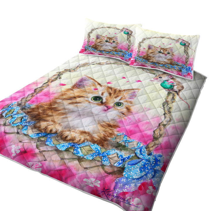 Pink Garden and Ginger Kitty Cat in a Basket Coverlet