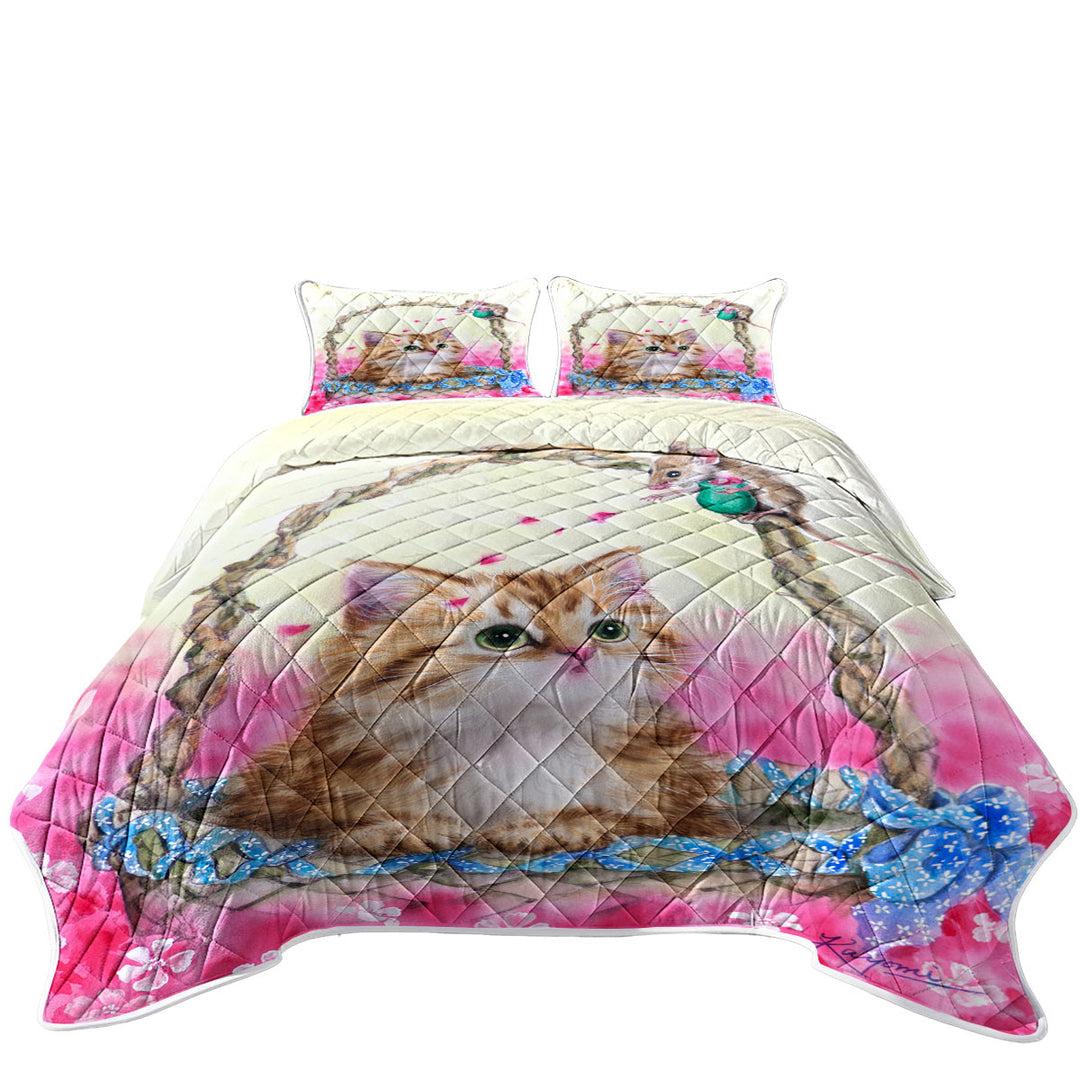 Pink Garden and Ginger Kitty Cat in a Basket Coverlets