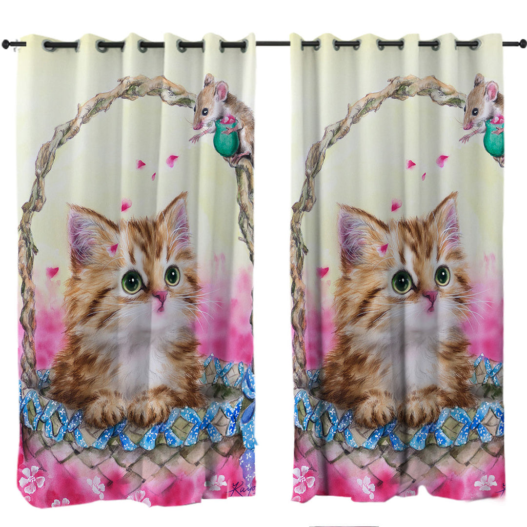 Pink Garden and Ginger Kitty Cat in a Basket Curtain