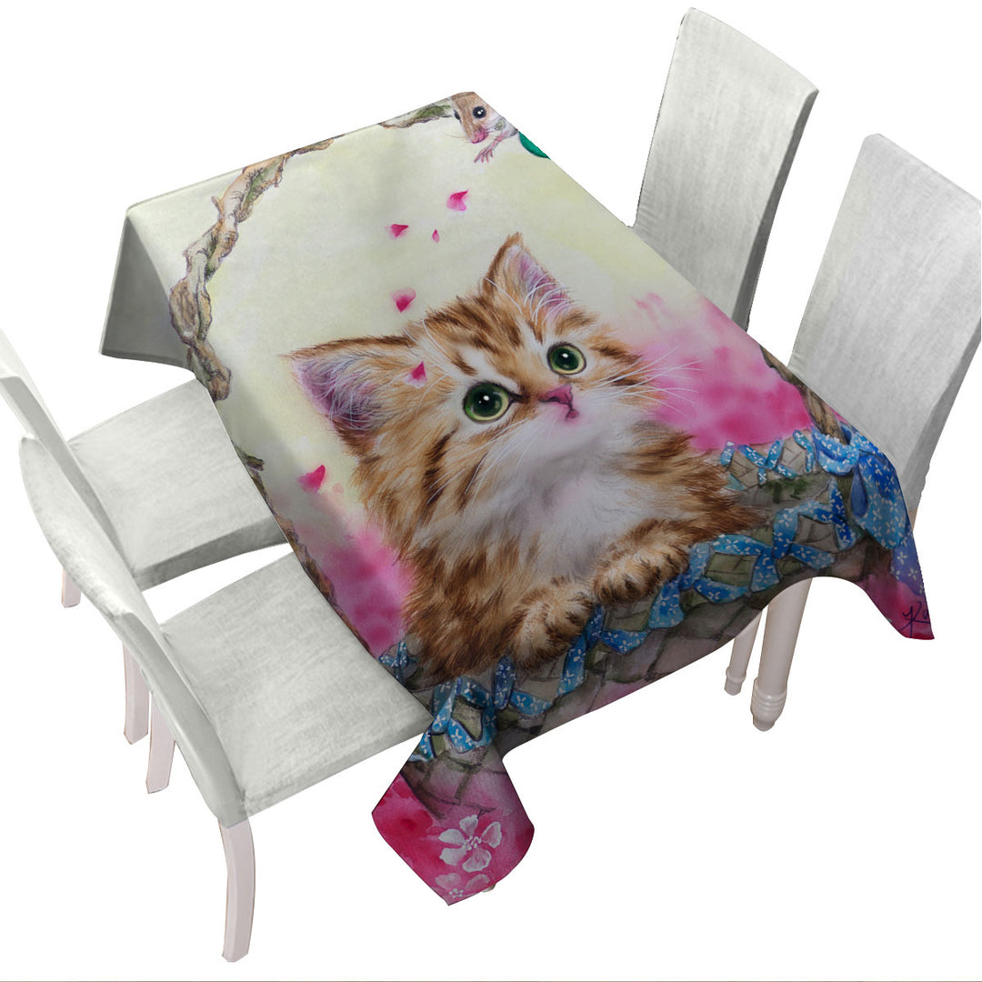 Pink Garden and Ginger Kitty Cat in a Basket Custom table cloth