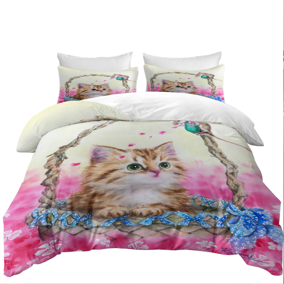 Pink Garden and Ginger Kitty Cat in a Basket King Size Duvet Cover