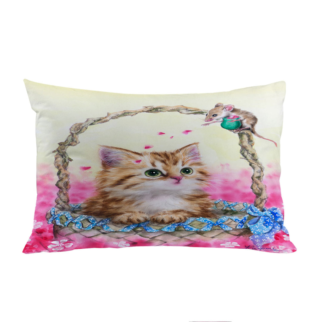Pink Garden and Ginger Kitty Cat in a Basket Pillow Case Covers