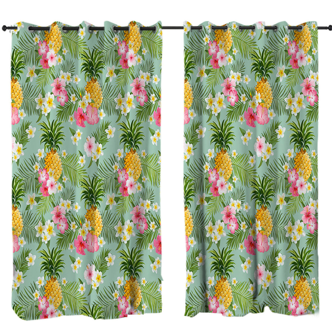 Pink Hibiscus White Plumeria and Pineapple Curtains for Living Room