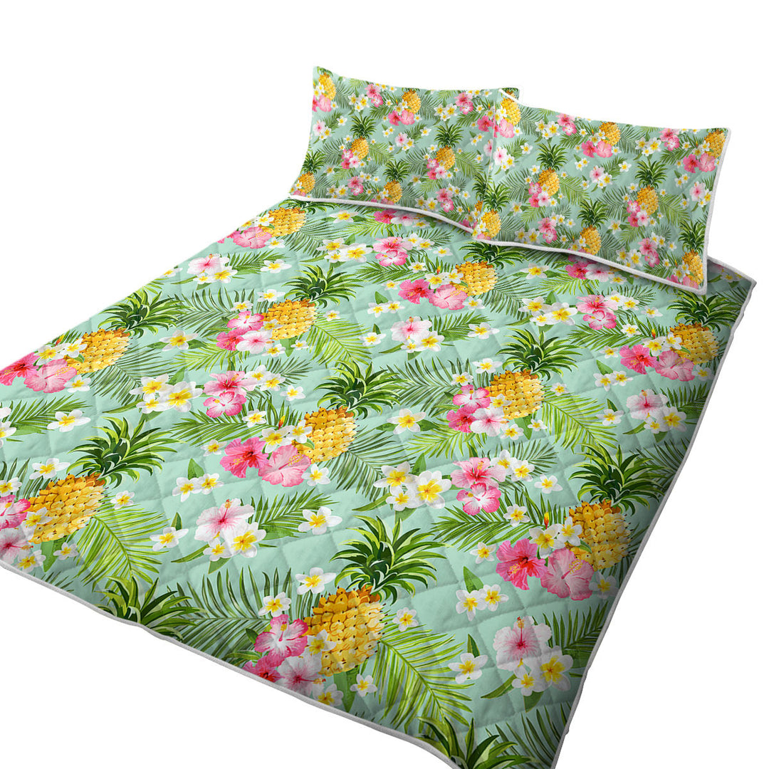 Pink Hibiscus White Plumeria and Pineapple King Size Quilt
