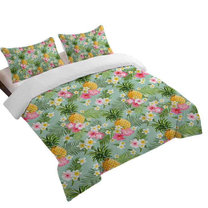 Pink Hibiscus White Plumeria and Pineapple Oversized King Duvet Cover