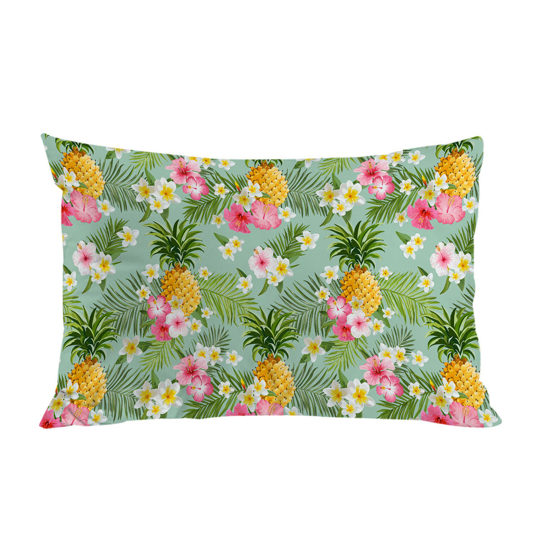 Pink Hibiscus White Plumeria and Pineapple Pillow Cases