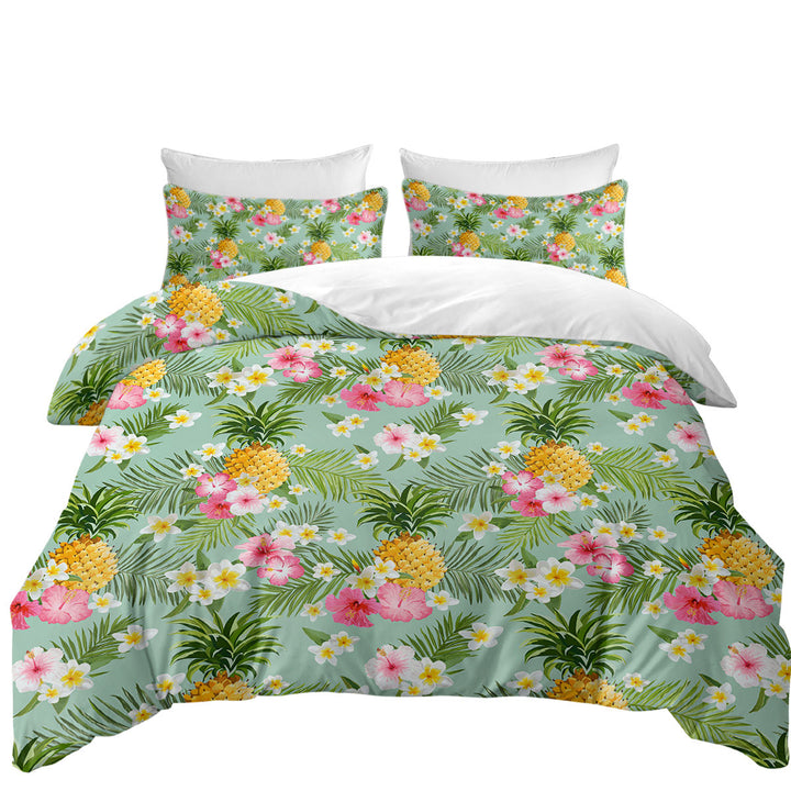 Pink Hibiscus White Plumeria and Pineapple Queen Size Duvet Cover