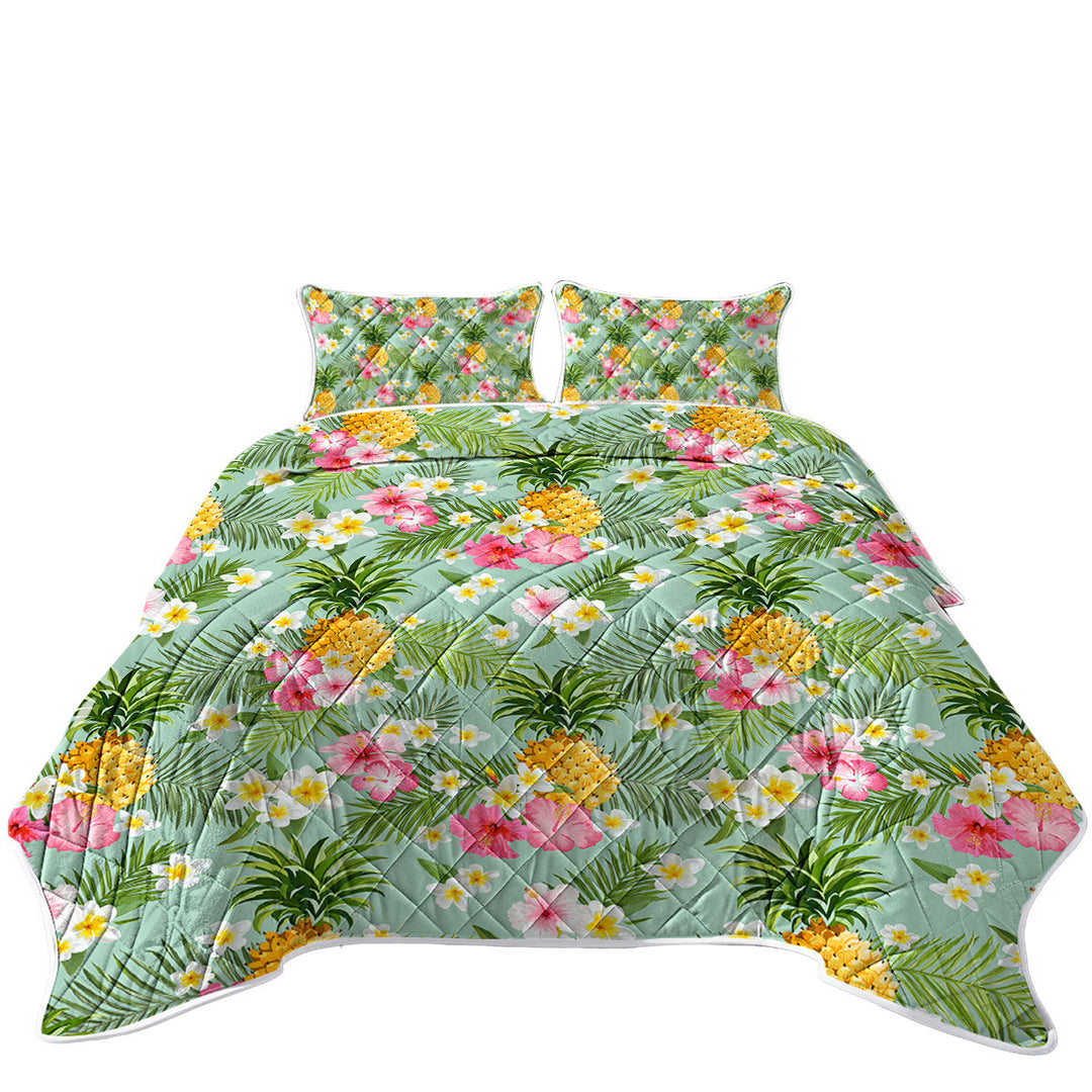Pink Hibiscus White Plumeria and Pineapple Quilts for sale