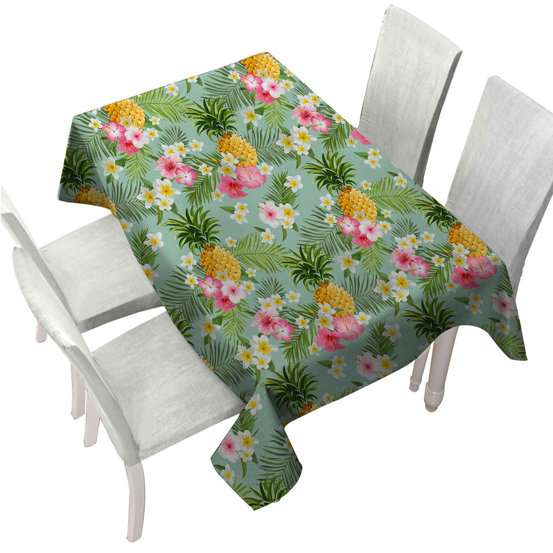 Pink Hibiscus White Plumeria and Pineapple Table Cover