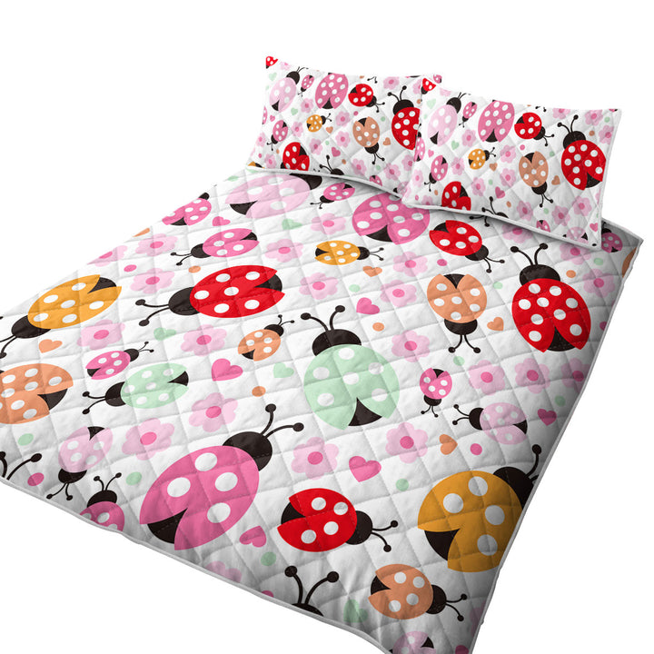 Pink Little Flowers and Ladybugs California King Quilt Sets