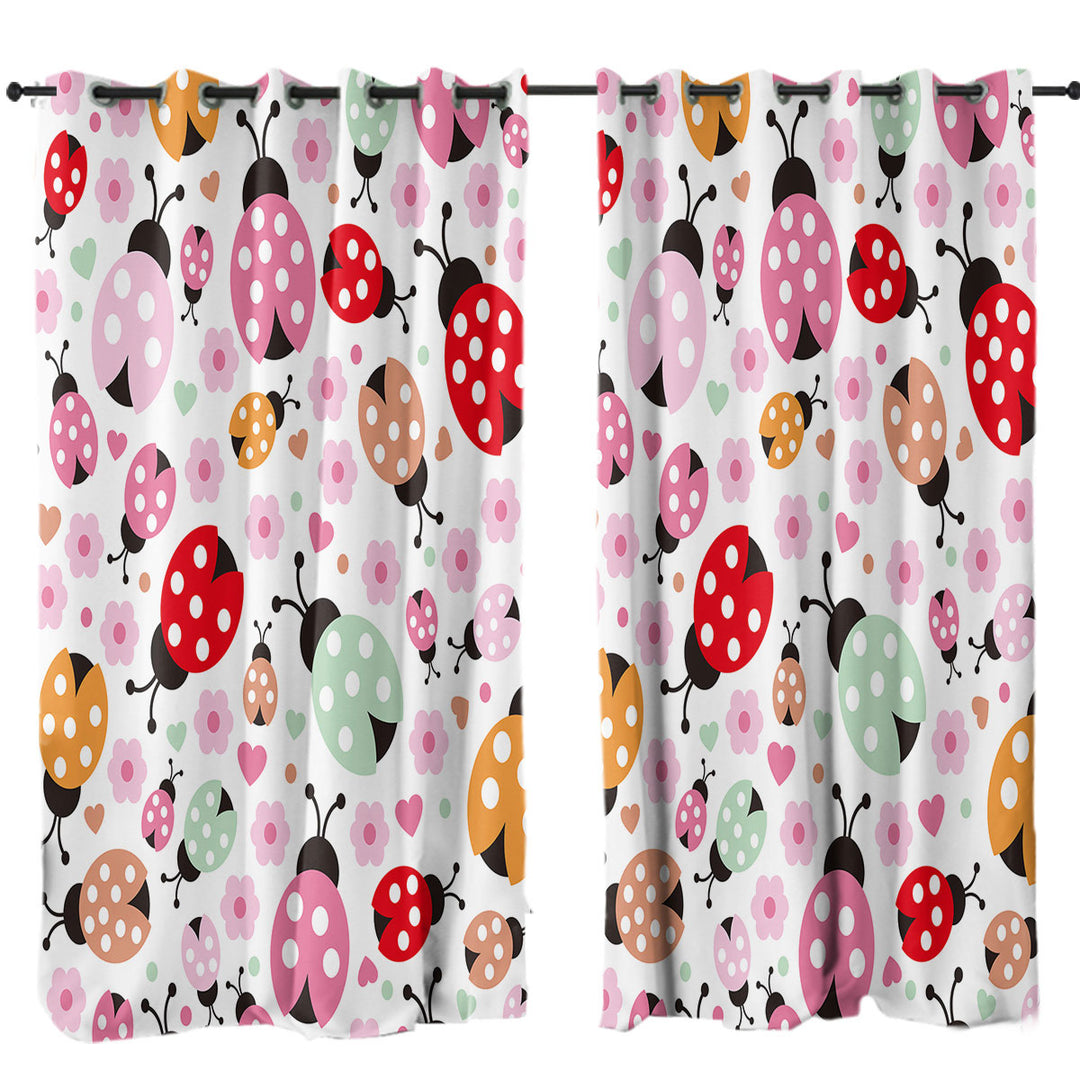Pink Little Flowers and Ladybugs Drapes and Curtains