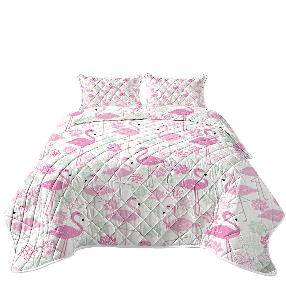 Pink Mint Lilies and Flamingos Coverlet