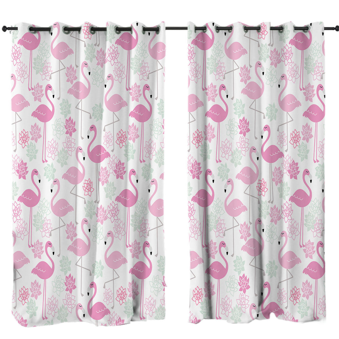 Pink Mint Lilies and Flamingos Curtains