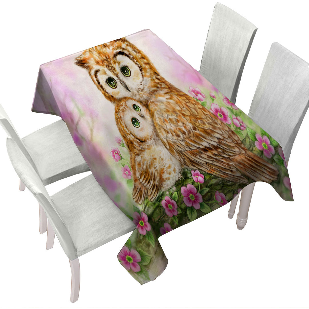 Pink Nature and Flowers Owls Cuddle Tablecloth