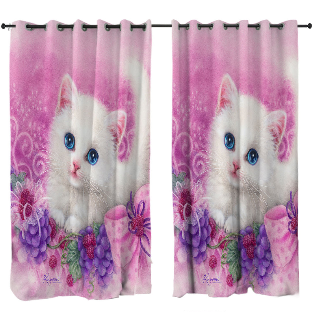 Pink Present White Kitten with Grapes Curtains