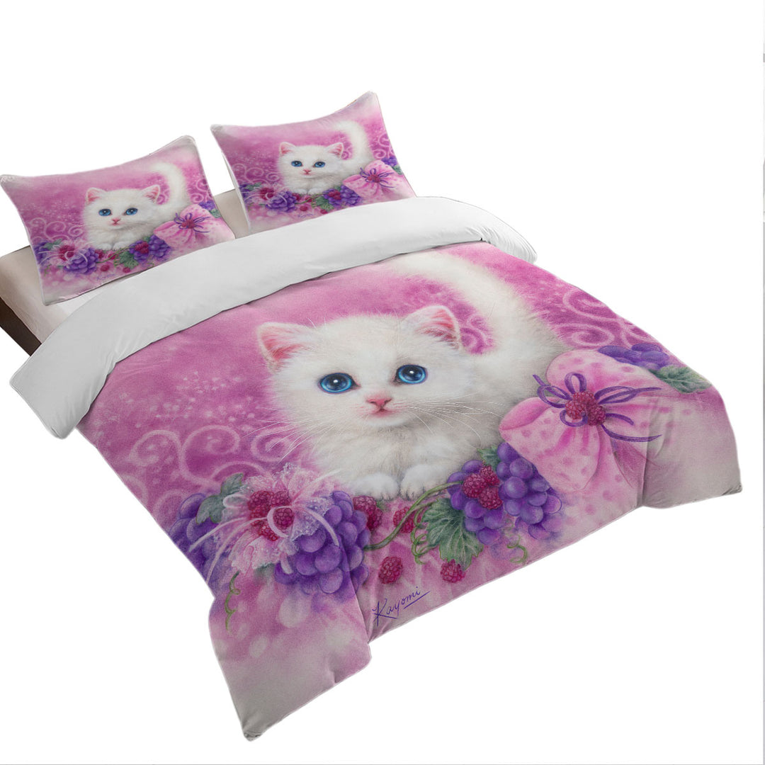 Pink Present White Kitten with Grapes Quilt Cover Sets