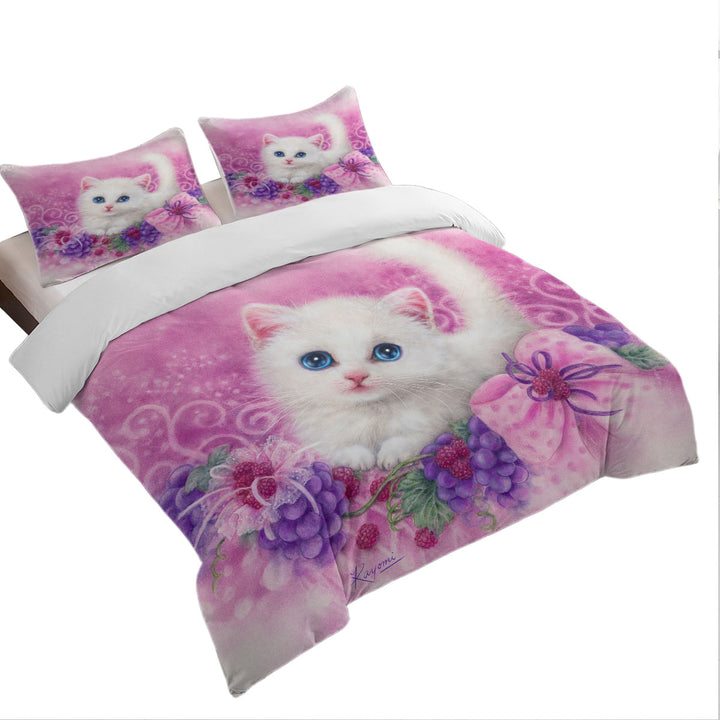 Pink Present White Kitten with Grapes Quilt Cover Sets