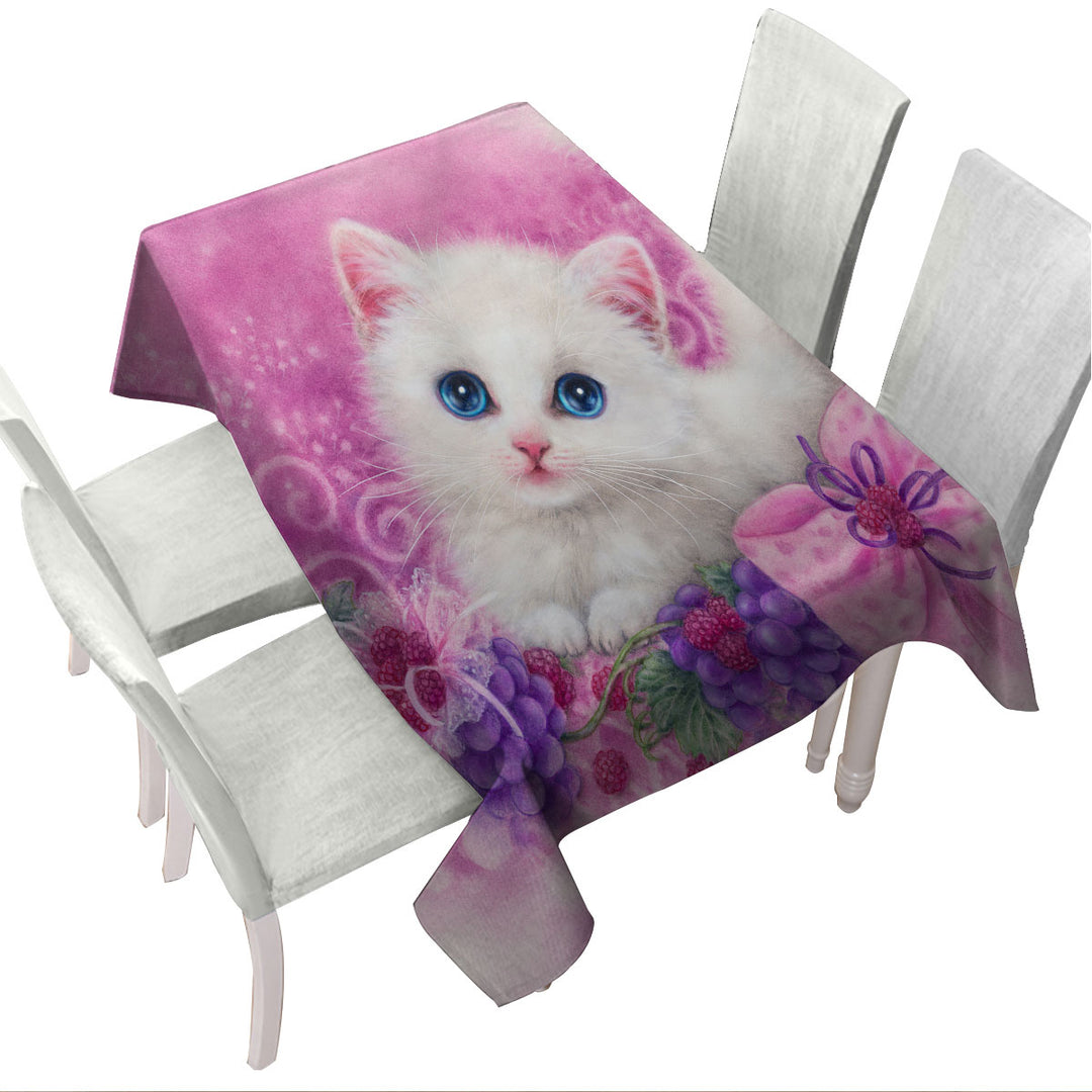 Pink Present White Kitten with Grapes Tablecloth
