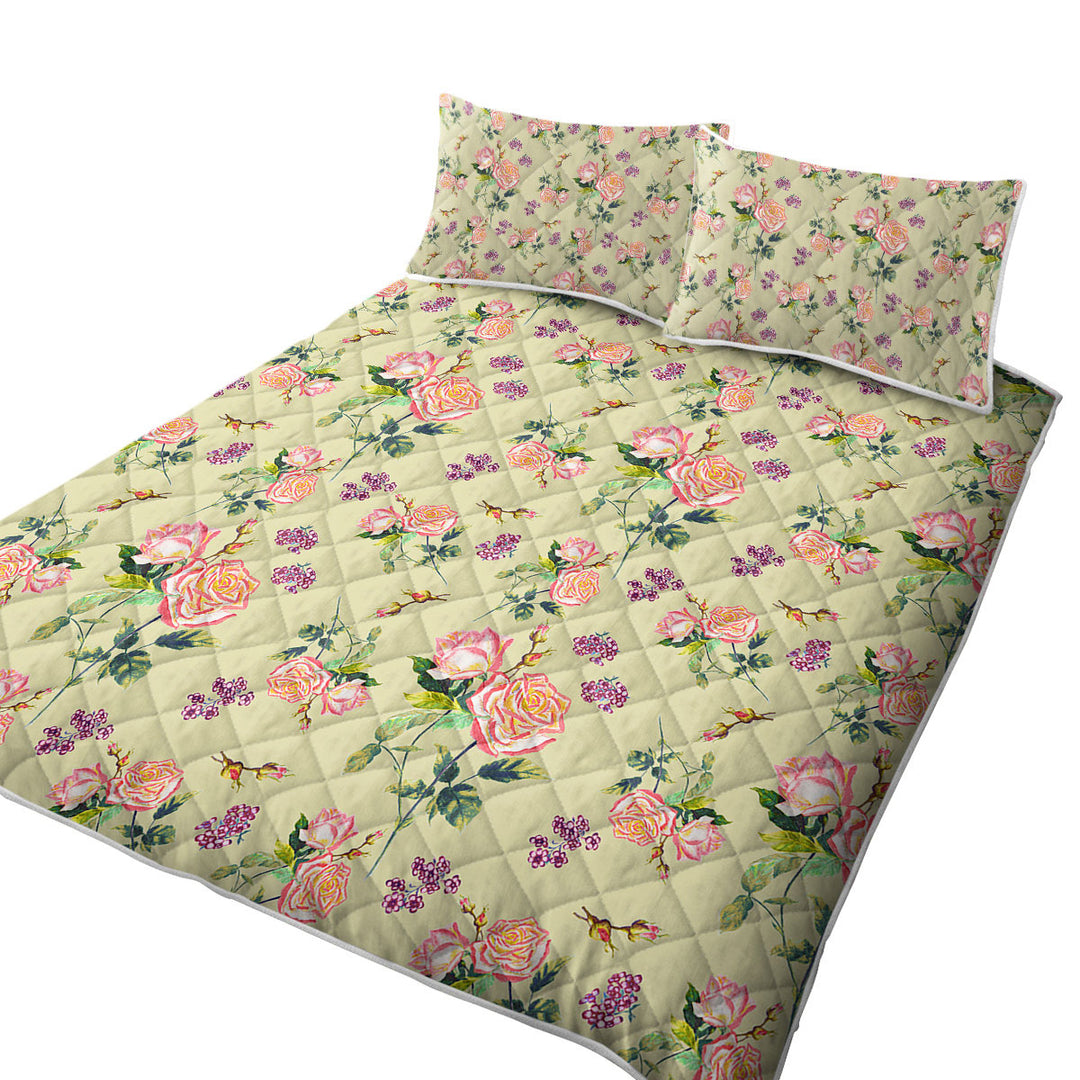 Pink Roses and Purple Flowers Coverlet