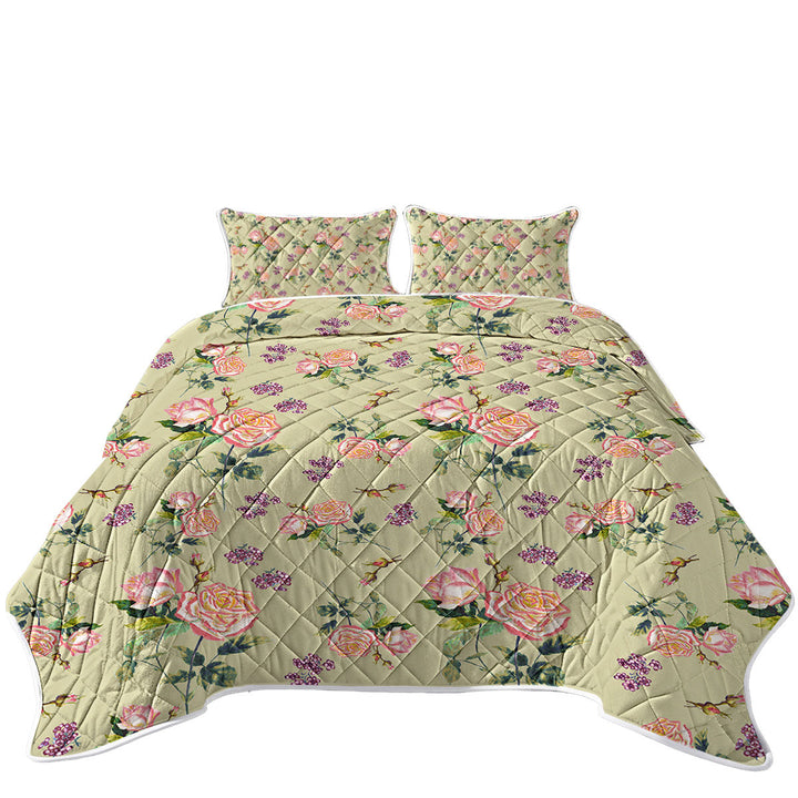 Pink Roses and Purple Flowers Coverlets