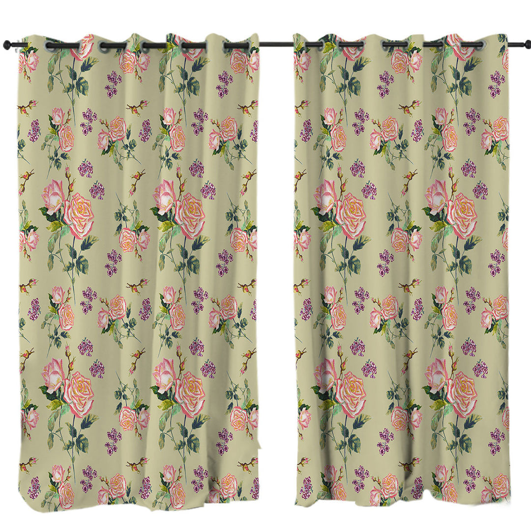 Pink Roses and Purple Flowers Curtains for Living Room