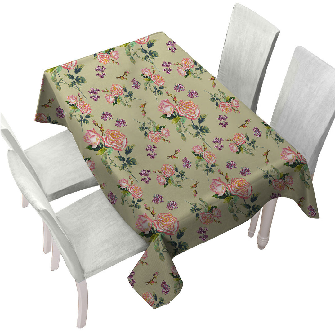 Pink Roses and Purple Flowers Printed Tablecloth