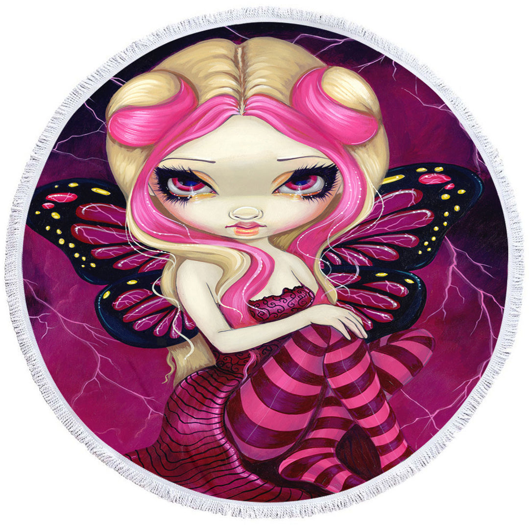 Pink Round Beach Towel Lightning Storm Clouds Blond Fairy