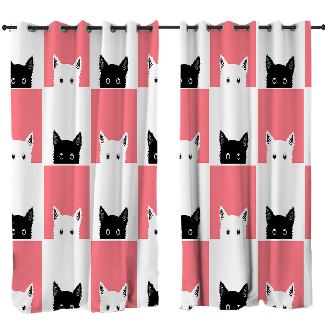 Pink White Panel and Black White Cats Drapery