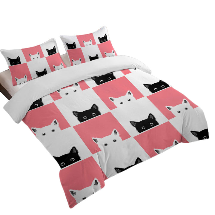 Pink White Panel and Black White Cats King Duvet Cover set