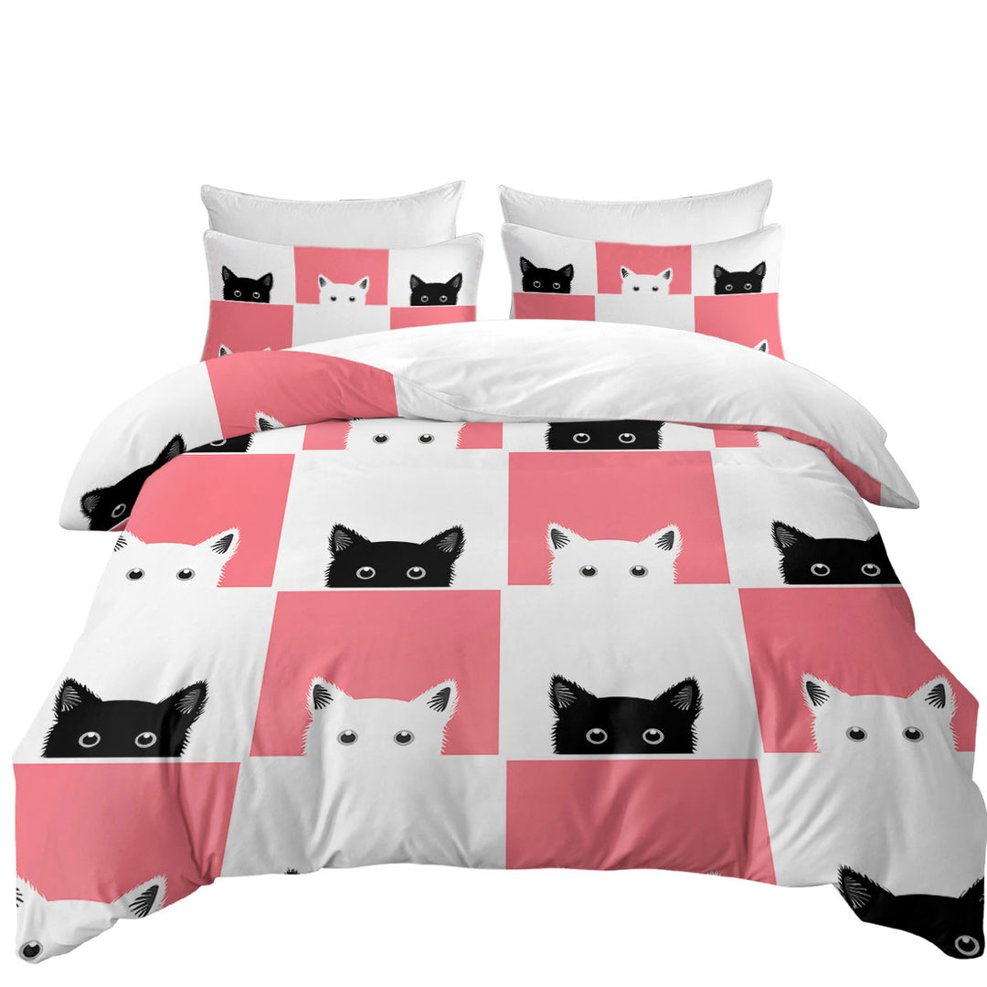 Pink White Panel and Black White Cats King Size Duvet Cover