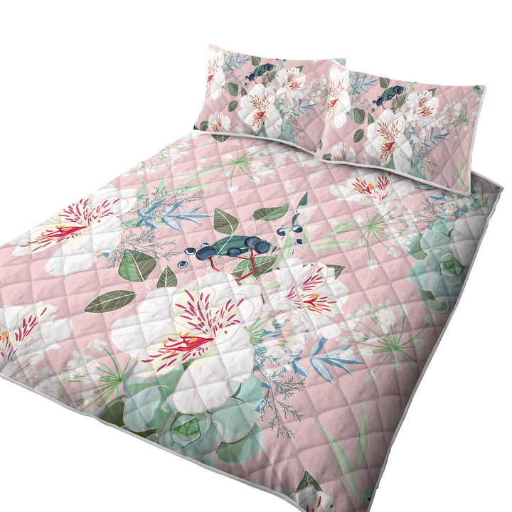 Pink under White Flowers King Size Bedspreads