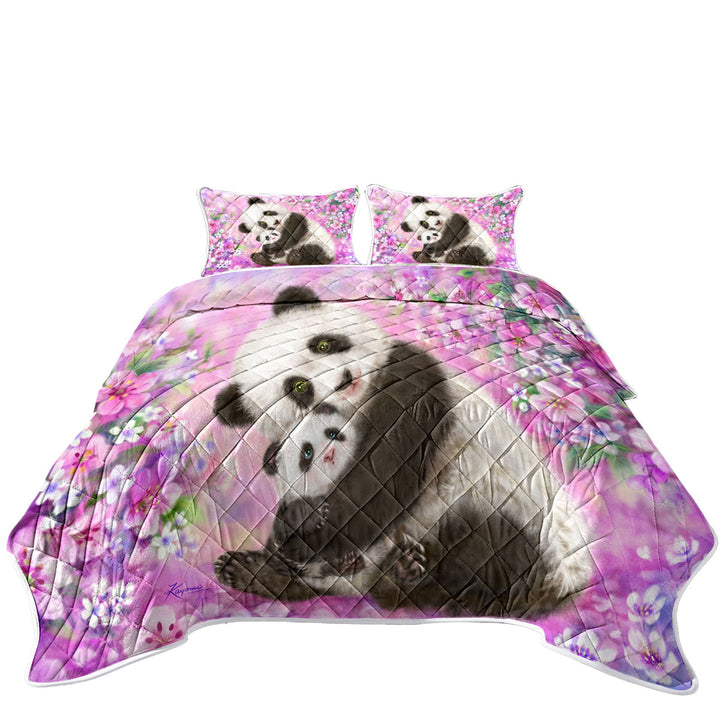 Pinkish Flowers Panda Mom and Baby Quilts