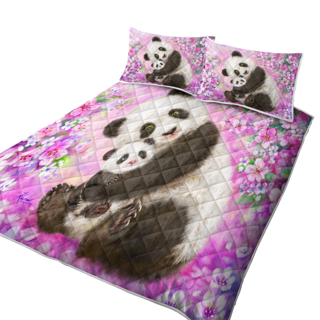 Pinkish Flowers Panda Mom and Baby Summer Quilt