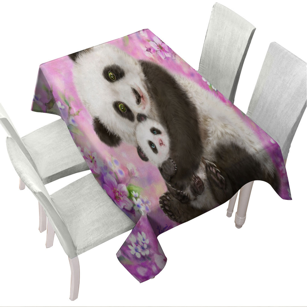 Pinkish Flowers Panda Mom and Baby Table Cover