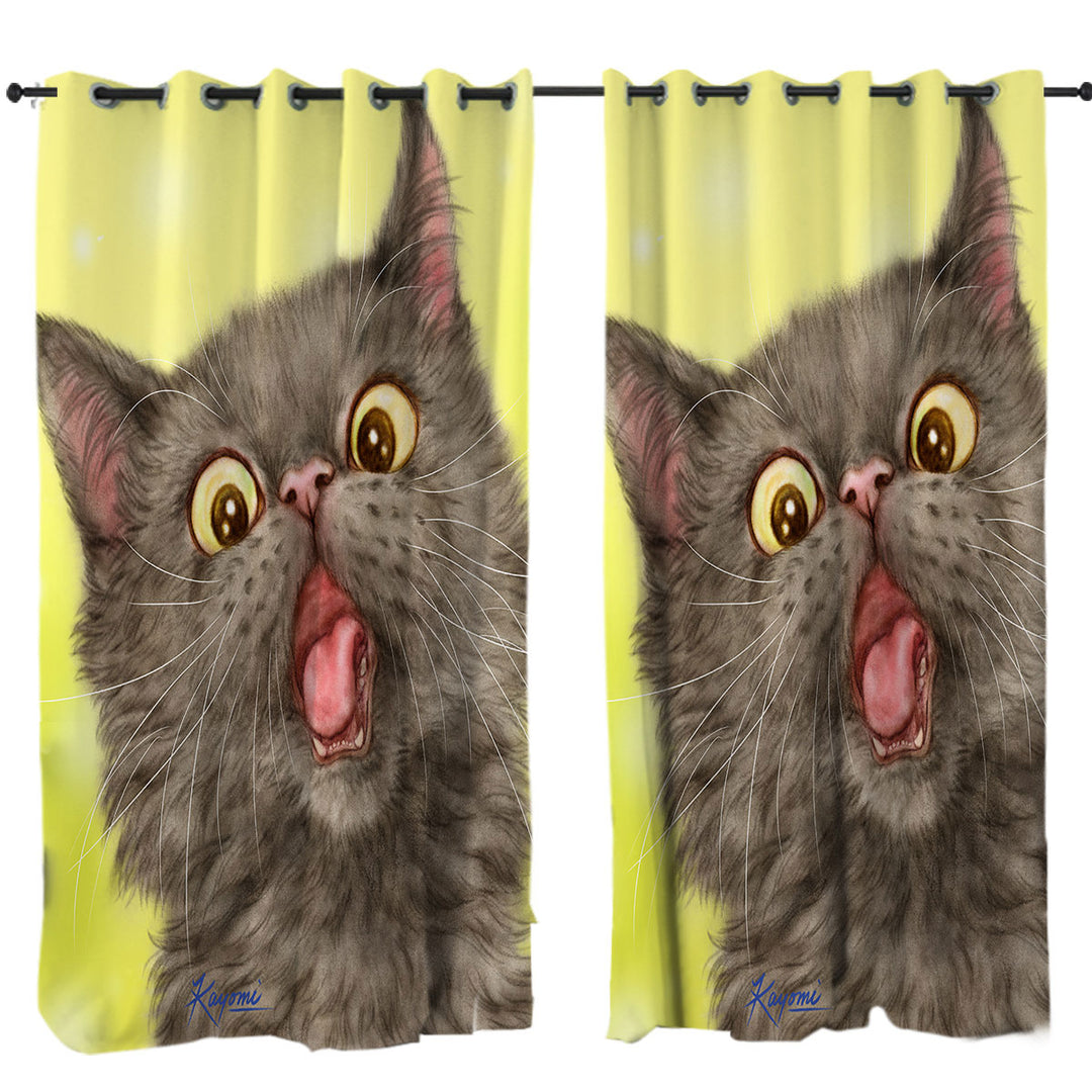 Playful Black Grey Cat over Yellow Curtains for Living Room