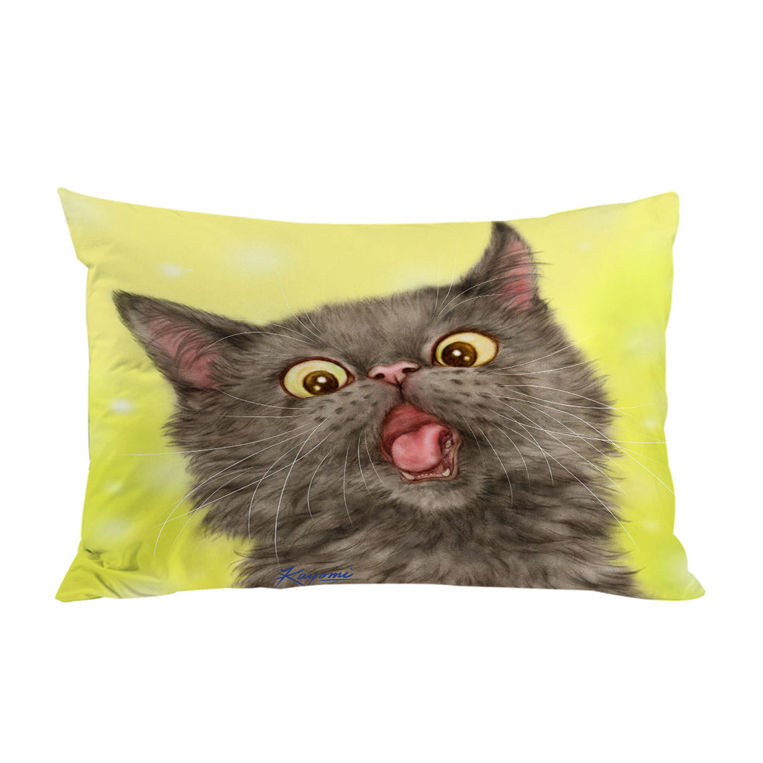 Playful Black Grey Cat over Yellow Pillow Cases