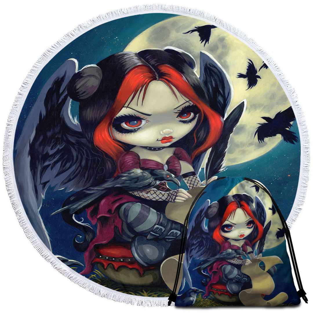 Poe Beach Towels and Bags Set The Raven Gothic Girl with Wings at Night