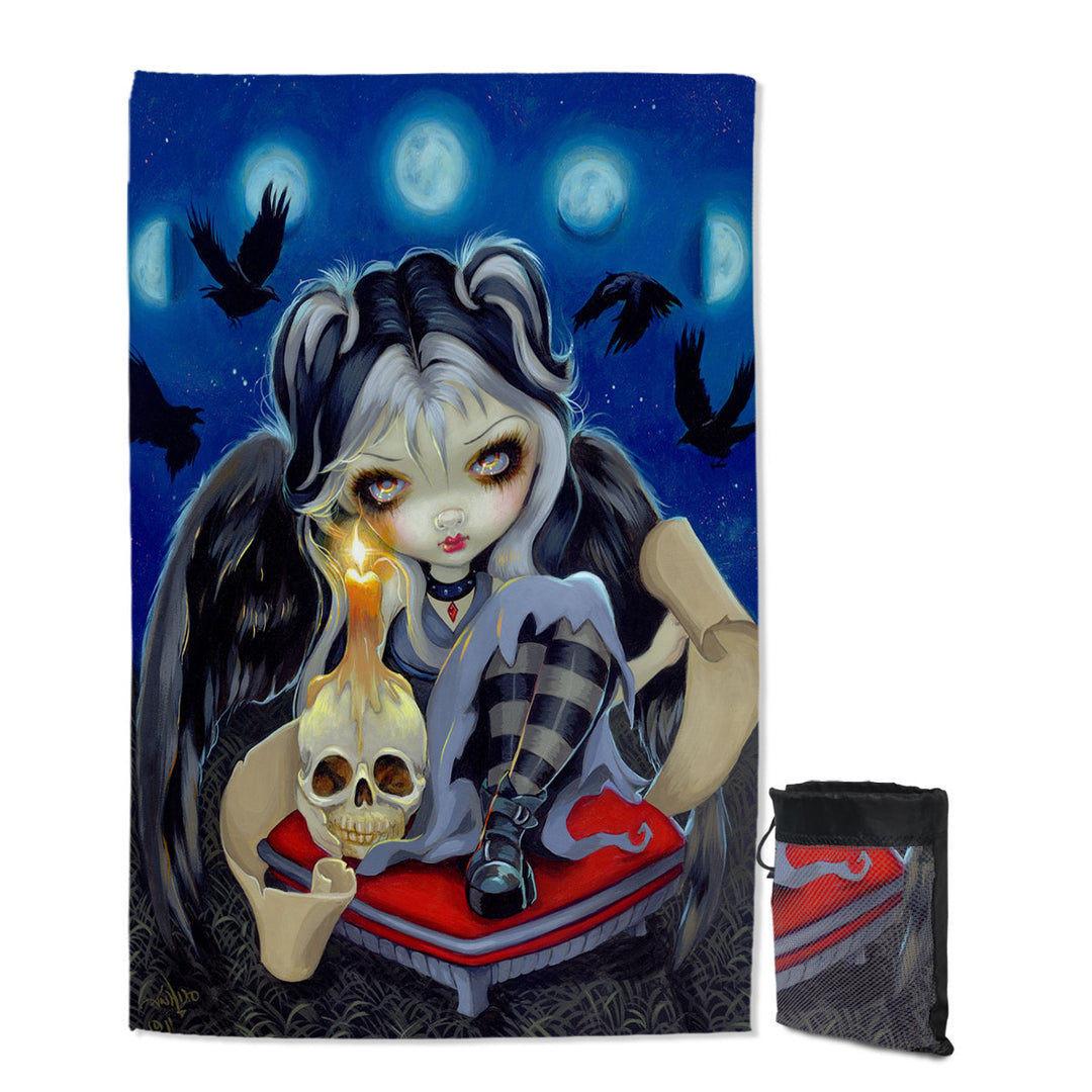 Poe Beach Towels the Raven Skull Candle and Dark Winged Girl
