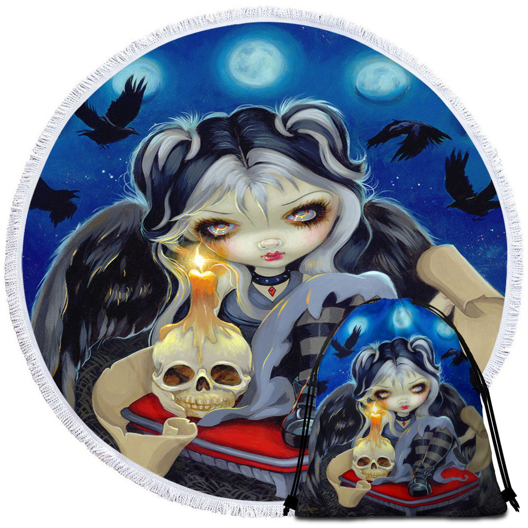 Poe Round Beach Towel the Raven Skull Candle and Dark Winged Girl