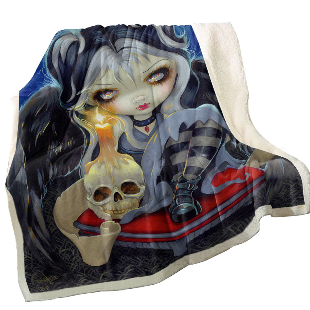 Poe Throw Blanket the Raven Skull Candle and Dark Winged Girl
