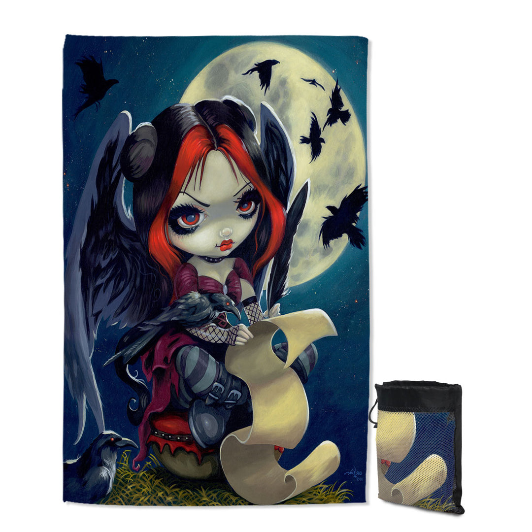 Poe Travel Beach Towel The Raven Gothic Girl with Wings at Night