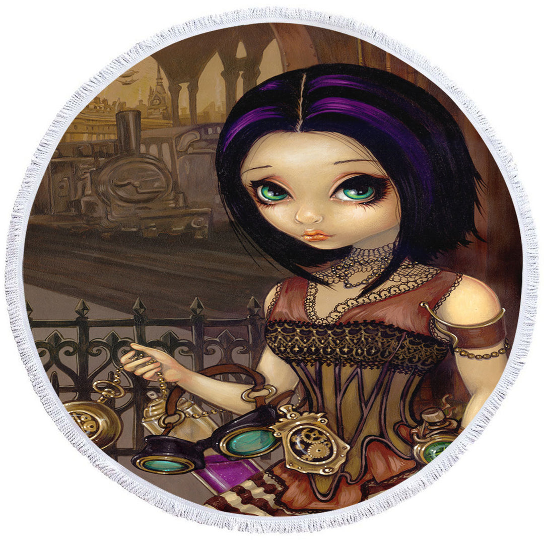 Poe a Beautiful Steampunk Flair Girl Round Beach Towel