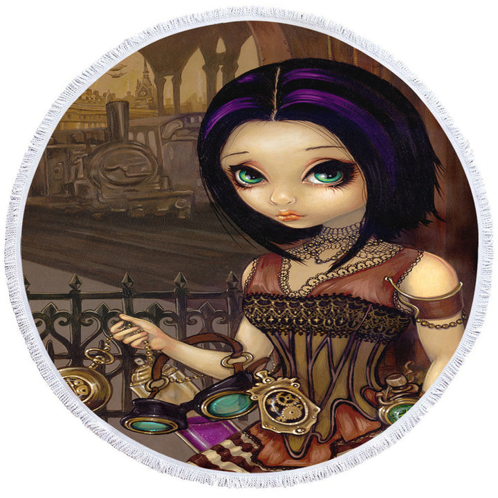 Poe a Beautiful Steampunk Flair Girl Round Beach Towel