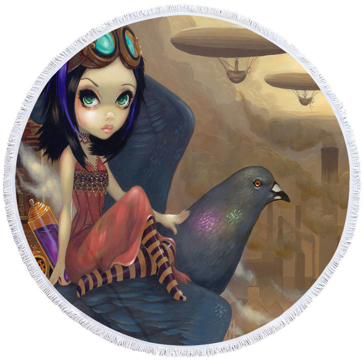 Poe a Beautiful Steampunk Flair Girl on a Pigeon Circle Beach Towel